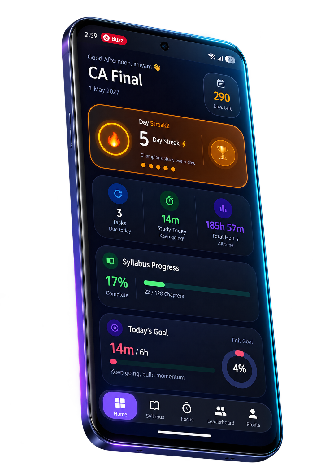 StreakZ app dashboard showing streak counter, syllabus progress, and study stats